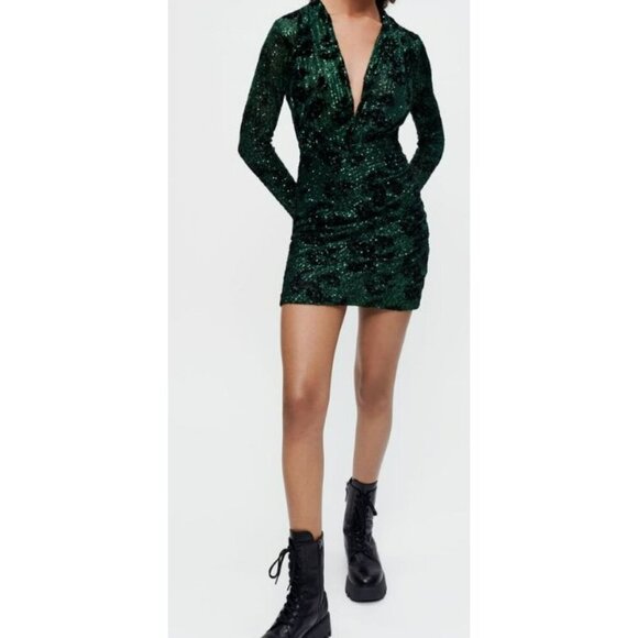 Maje $565 Green Sequin Embroidered Mini Dress Size 36 Small NWT - Picture 3 of 9